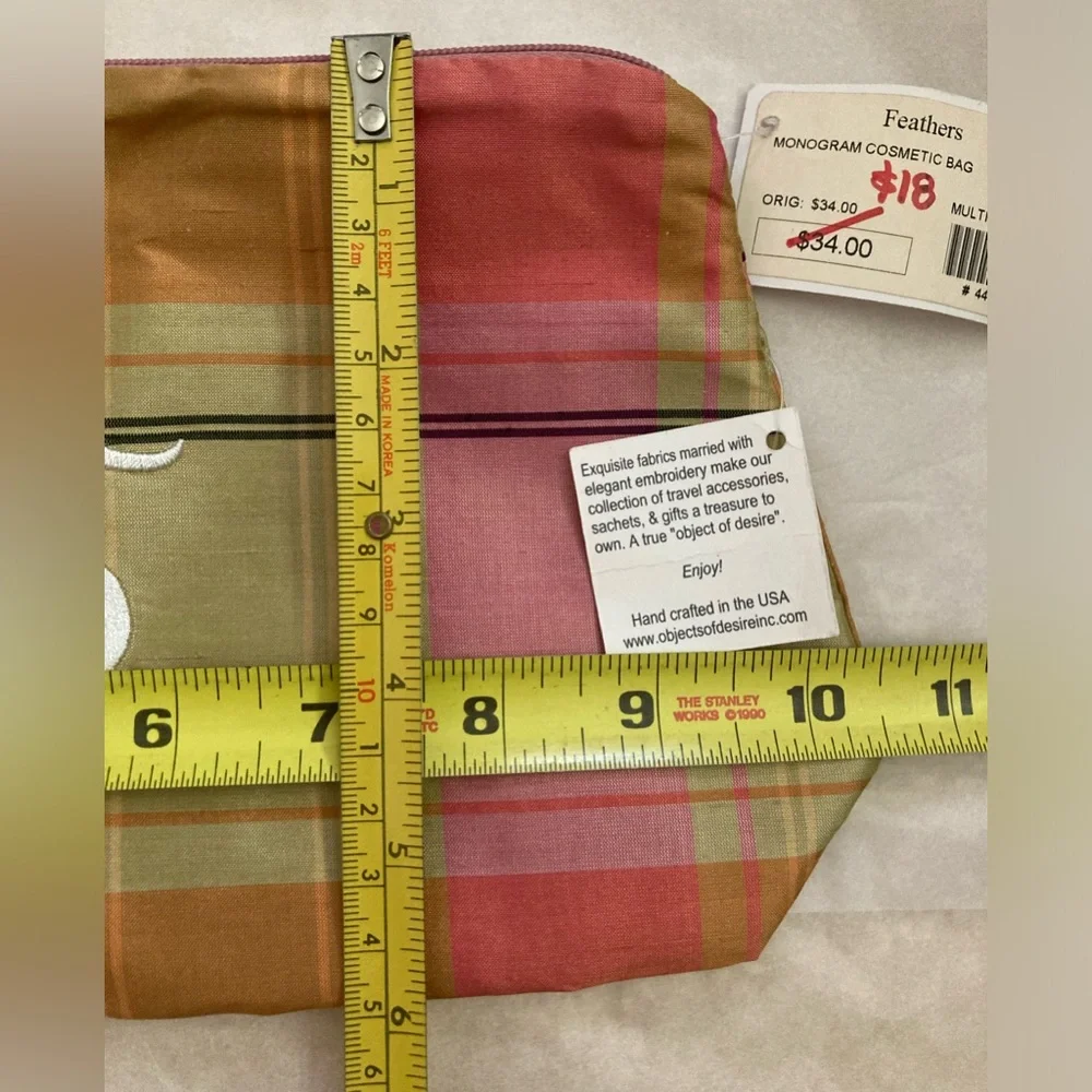 NWT “J” Plaid zip pouch cosmetic bag embroidered monogram Pink Sage Green